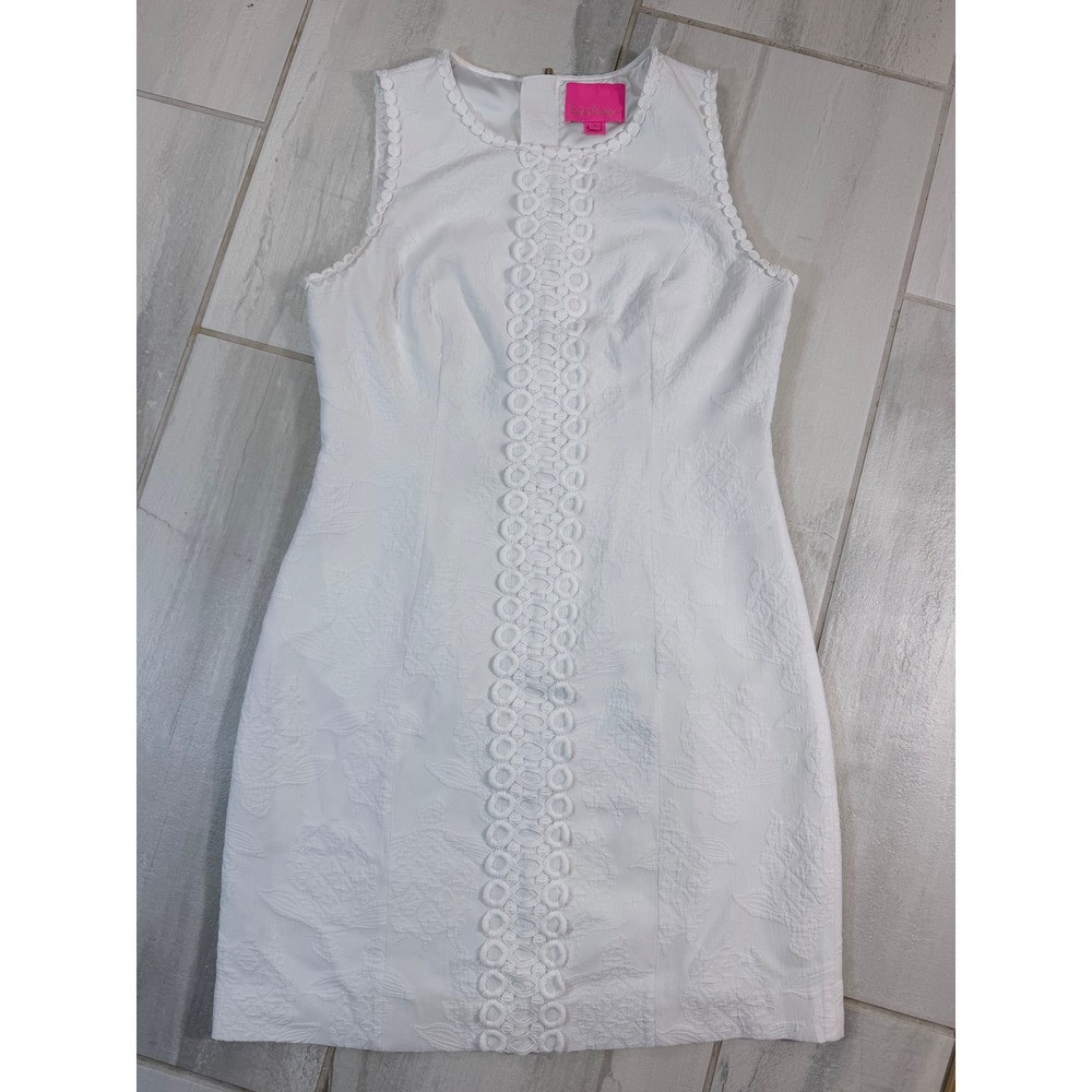 Lilly Pulitzer White Jacquard Lace Trim Shift Dress Sleeveless Size 6